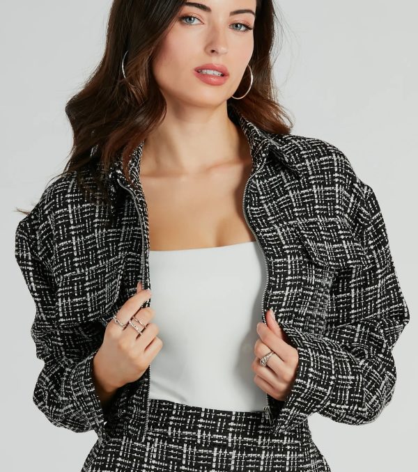 Sophisticated Posh Zip Up Tweed Plaid Shacket - Image 3