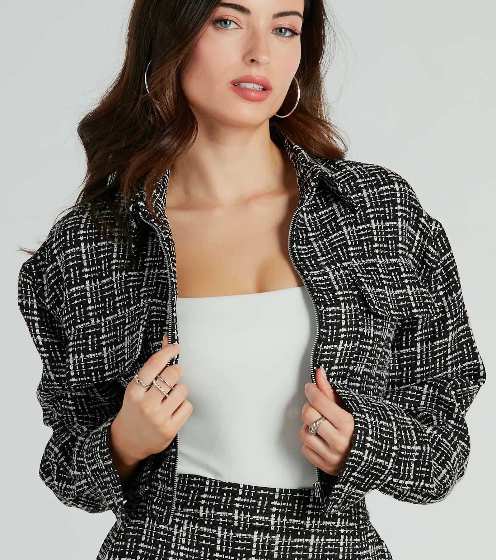 Sophisticated Posh Zip Up Tweed Plaid Shacket - Image 3