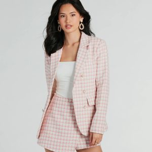 Preppy Beauty Tweed Faux Pearl Button Plaid Blazer