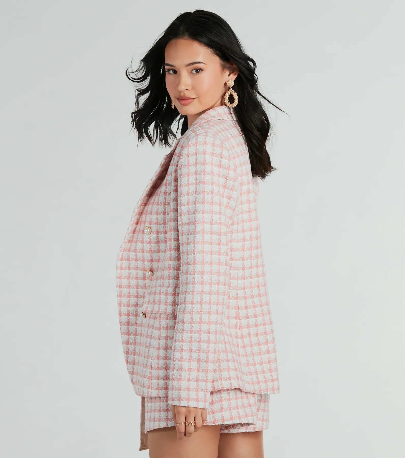 Preppy Beauty Tweed Faux Pearl Button Plaid Blazer - Image 2