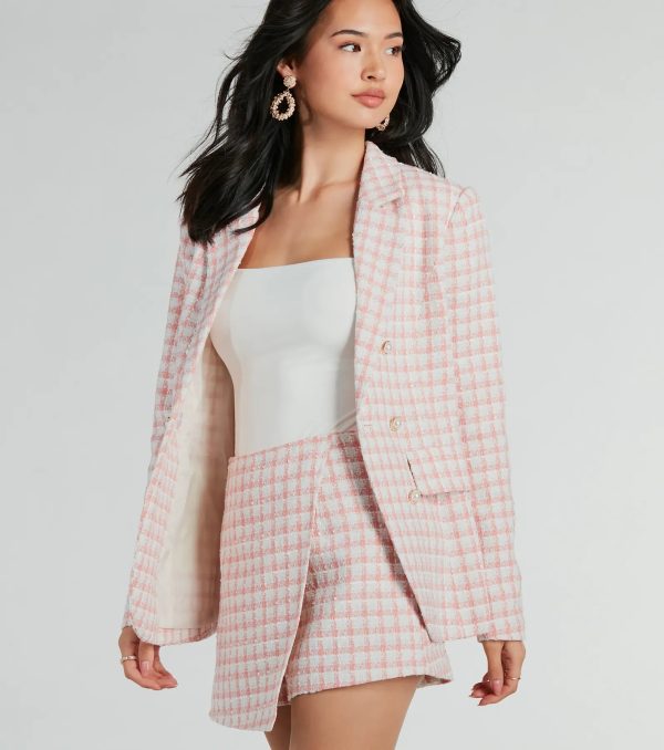 Preppy Beauty Tweed Faux Pearl Button Plaid Blazer - Image 4