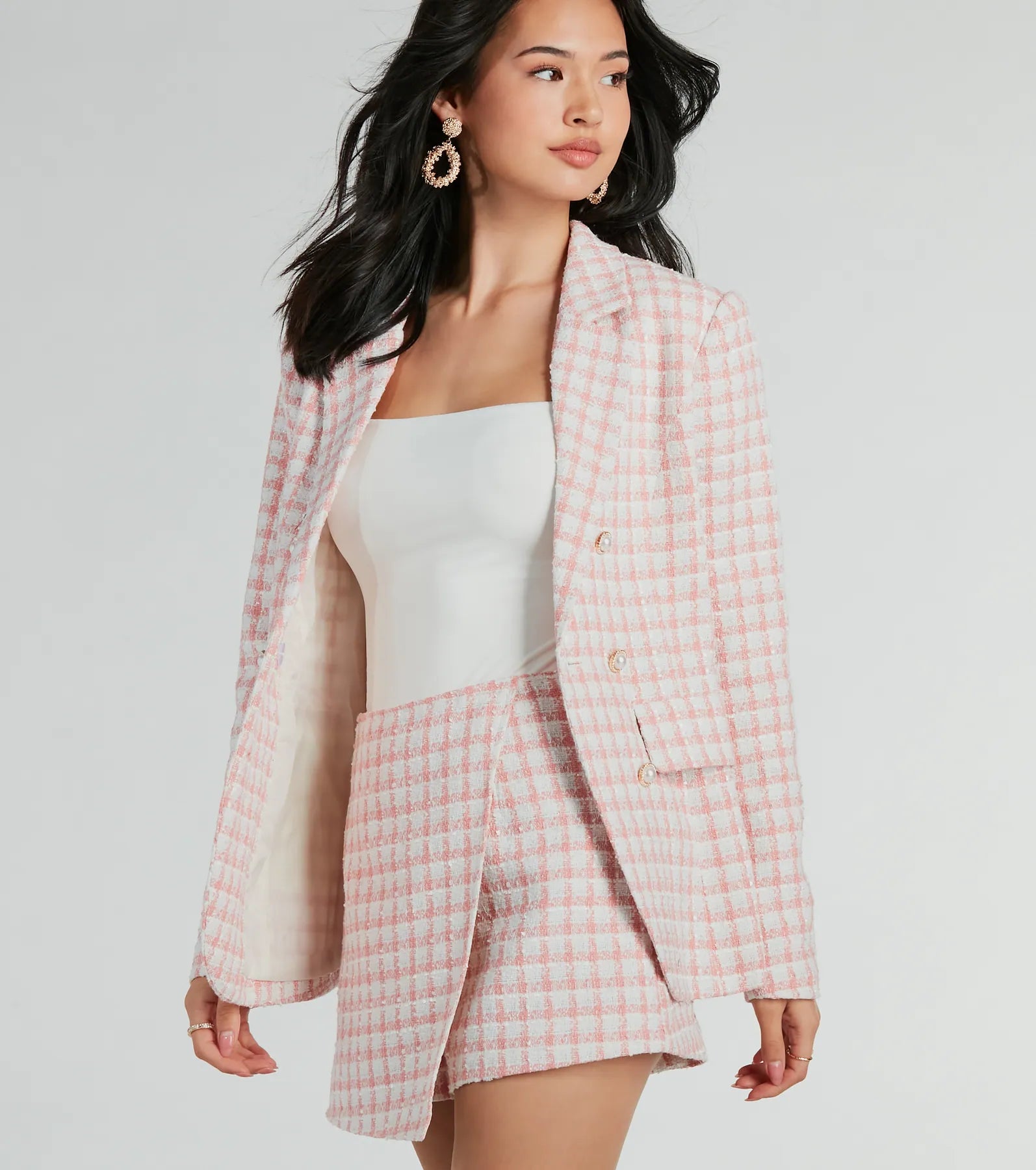 Preppy Beauty Tweed Faux Pearl Button Plaid Blazer - Image 4