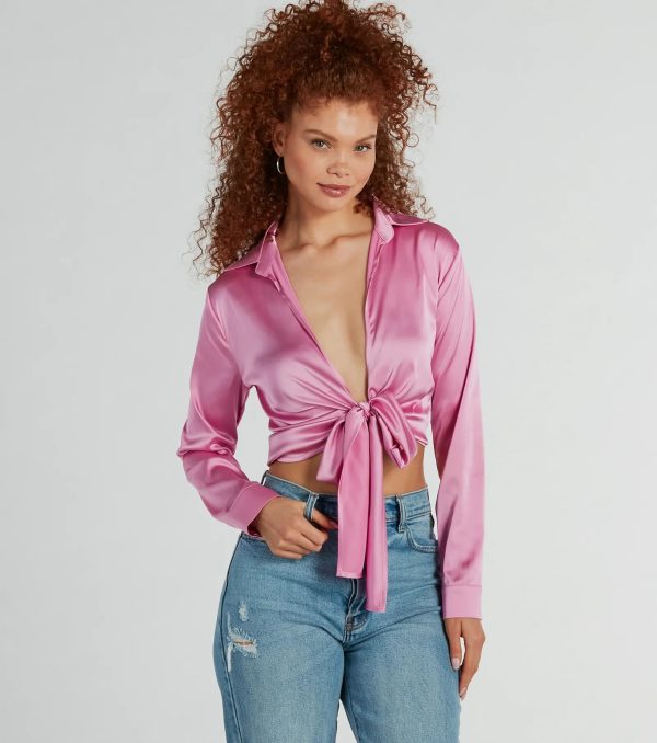 So Sleek Satin Tie-Front Blouse - Image 77