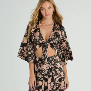 Flawless Floral Kimono Tie-Front Satin Crop Top