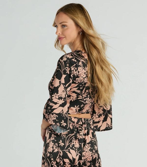 Flawless Floral Kimono Tie-Front Satin Crop Top - Image 2