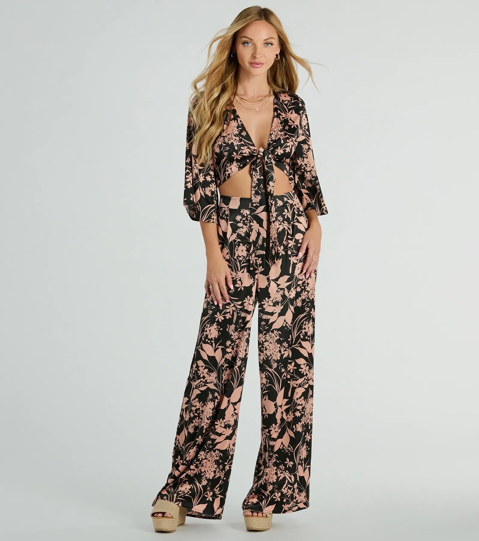 Flawless Floral Kimono Tie-Front Satin Crop Top - Image 3