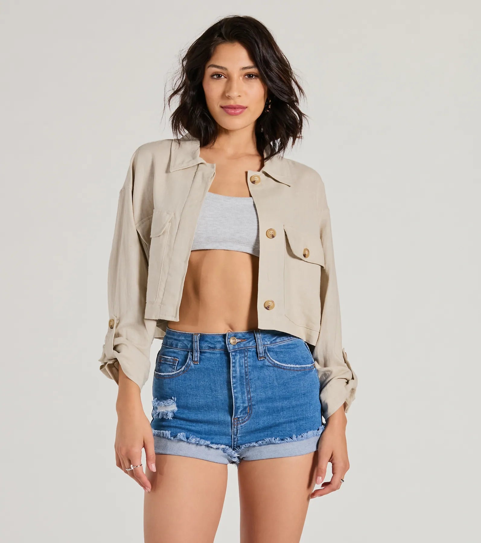 Effortless Personality Button Up Crop Linen Shacket - Image 5