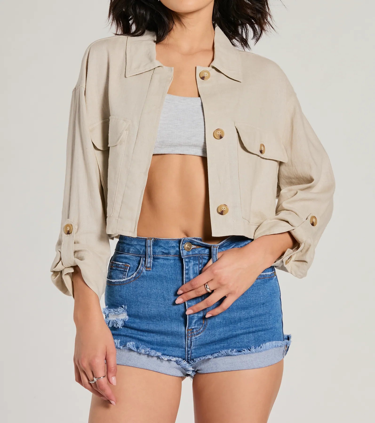 Effortless Personality Button Up Crop Linen Shacket - Image 7