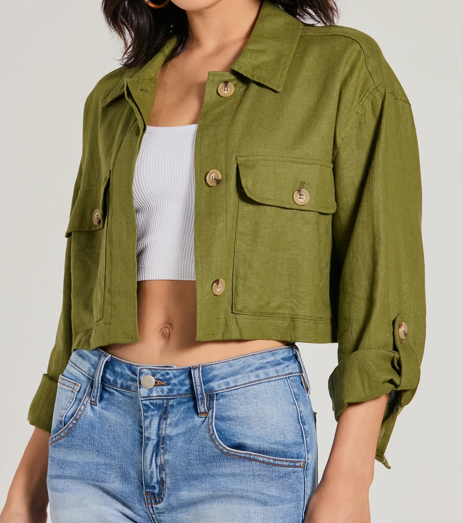 Effortless Personality Button Up Crop Linen Shacket - Image 3