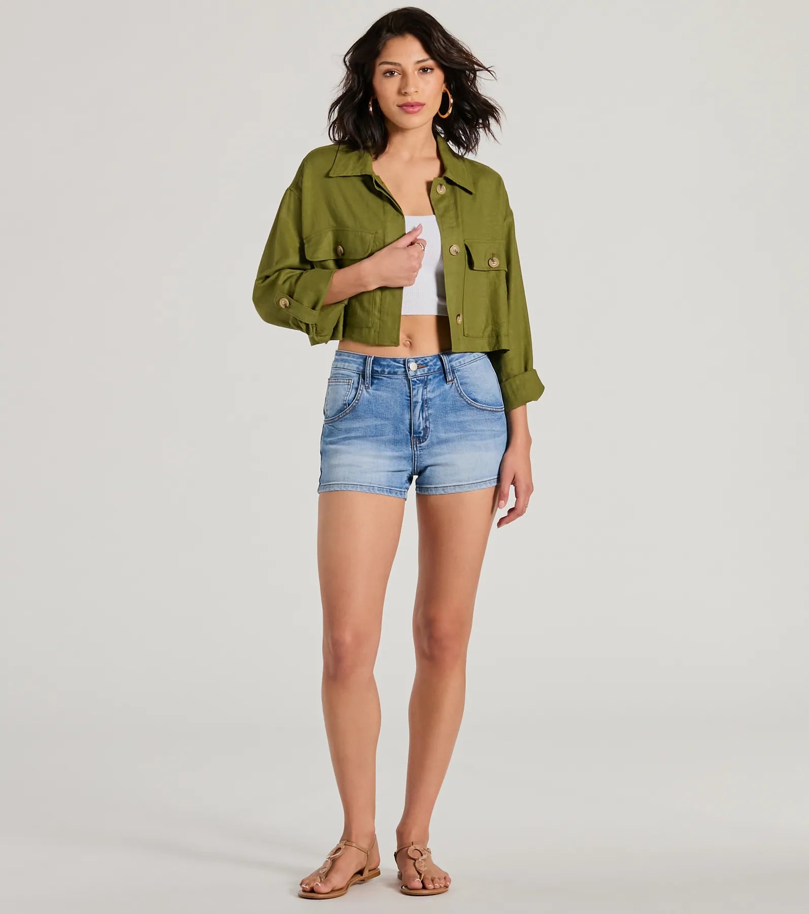 Effortless Personality Button Up Crop Linen Shacket - Image 4