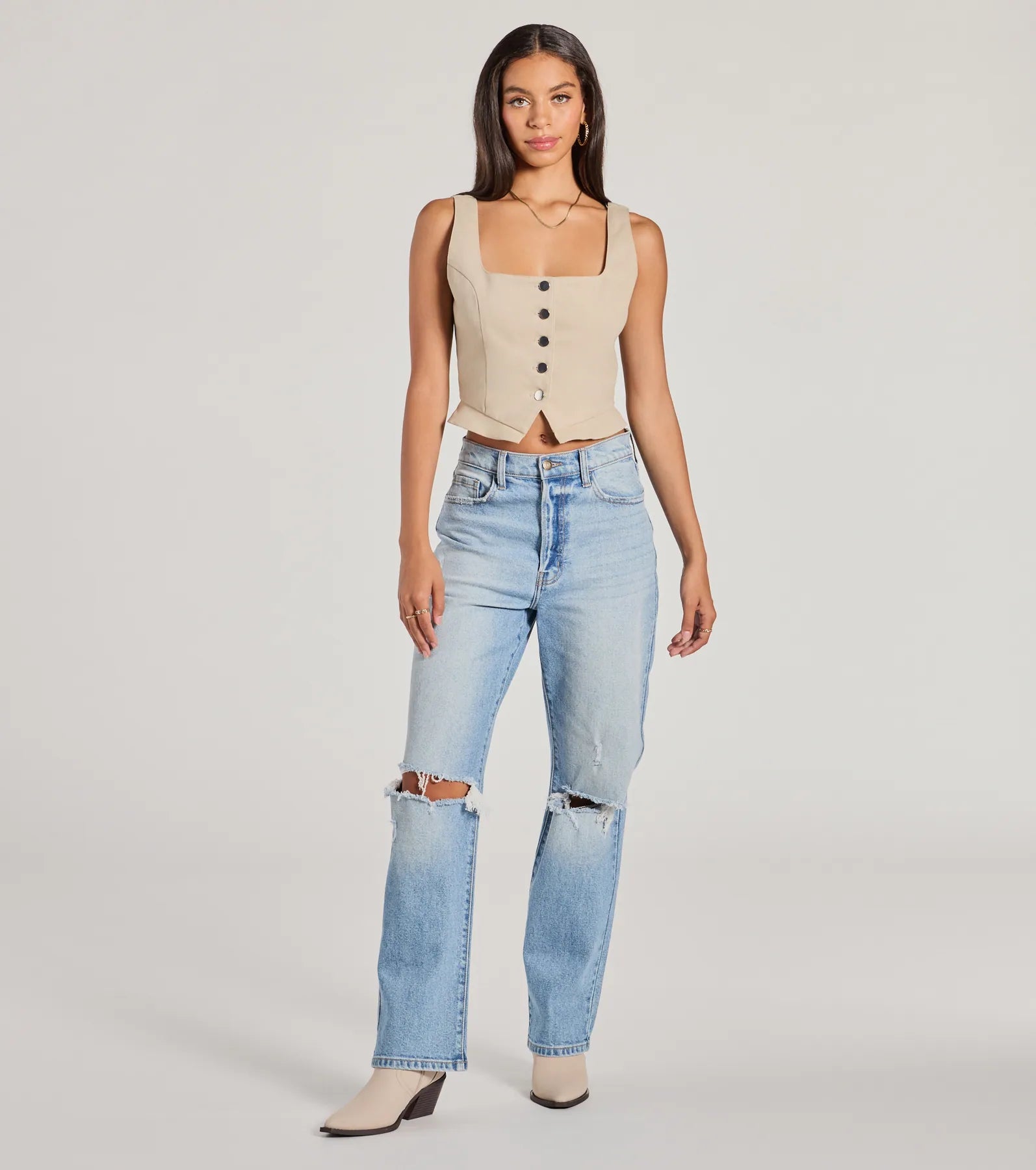 Effortless Style Lace-Up Crop Button Vest - Image 3