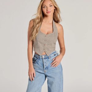 Keep On Charming Plaid Linen Cropped Vest