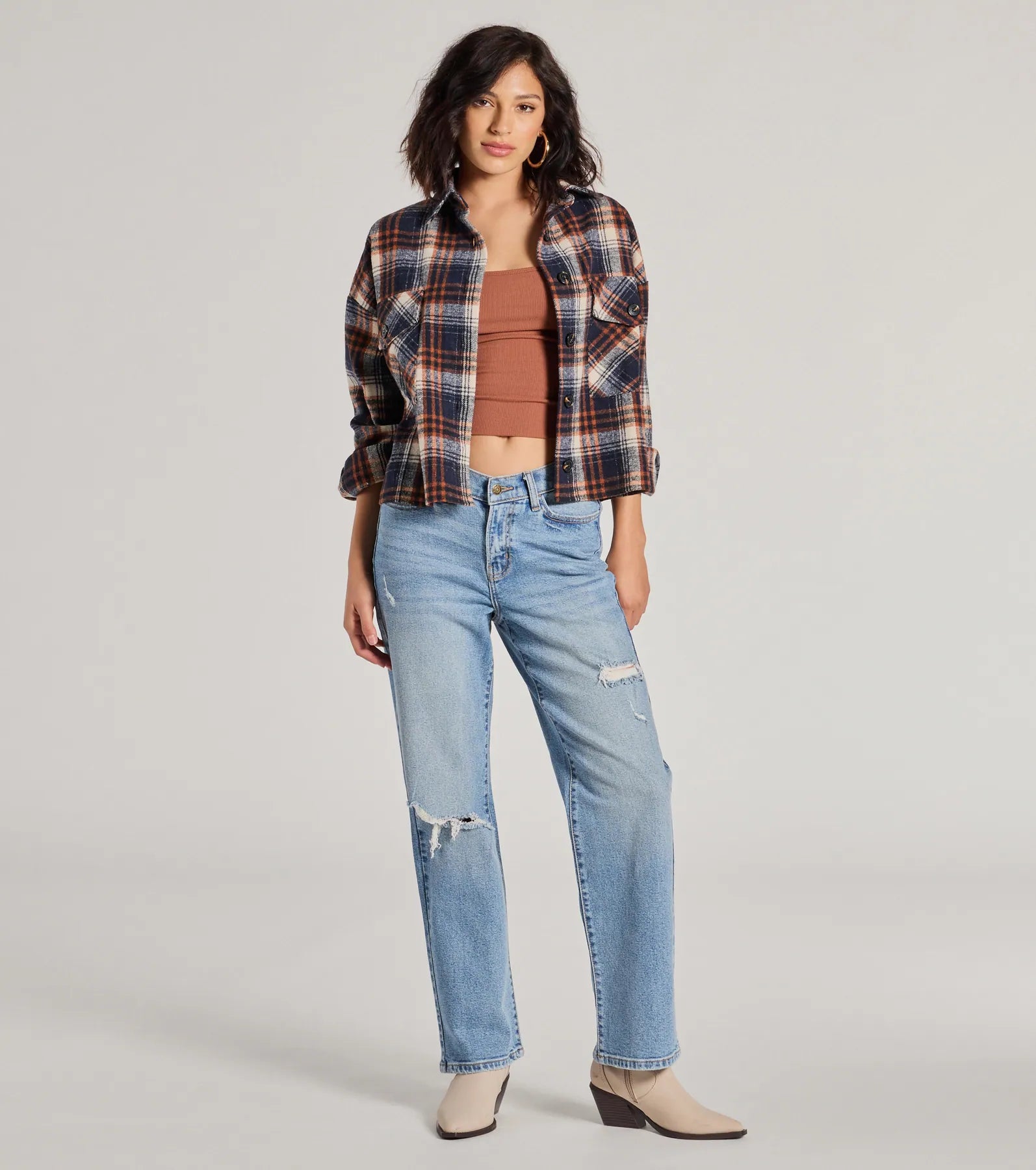 Basic Vibes Cropped Plaid Shacket - Image 3