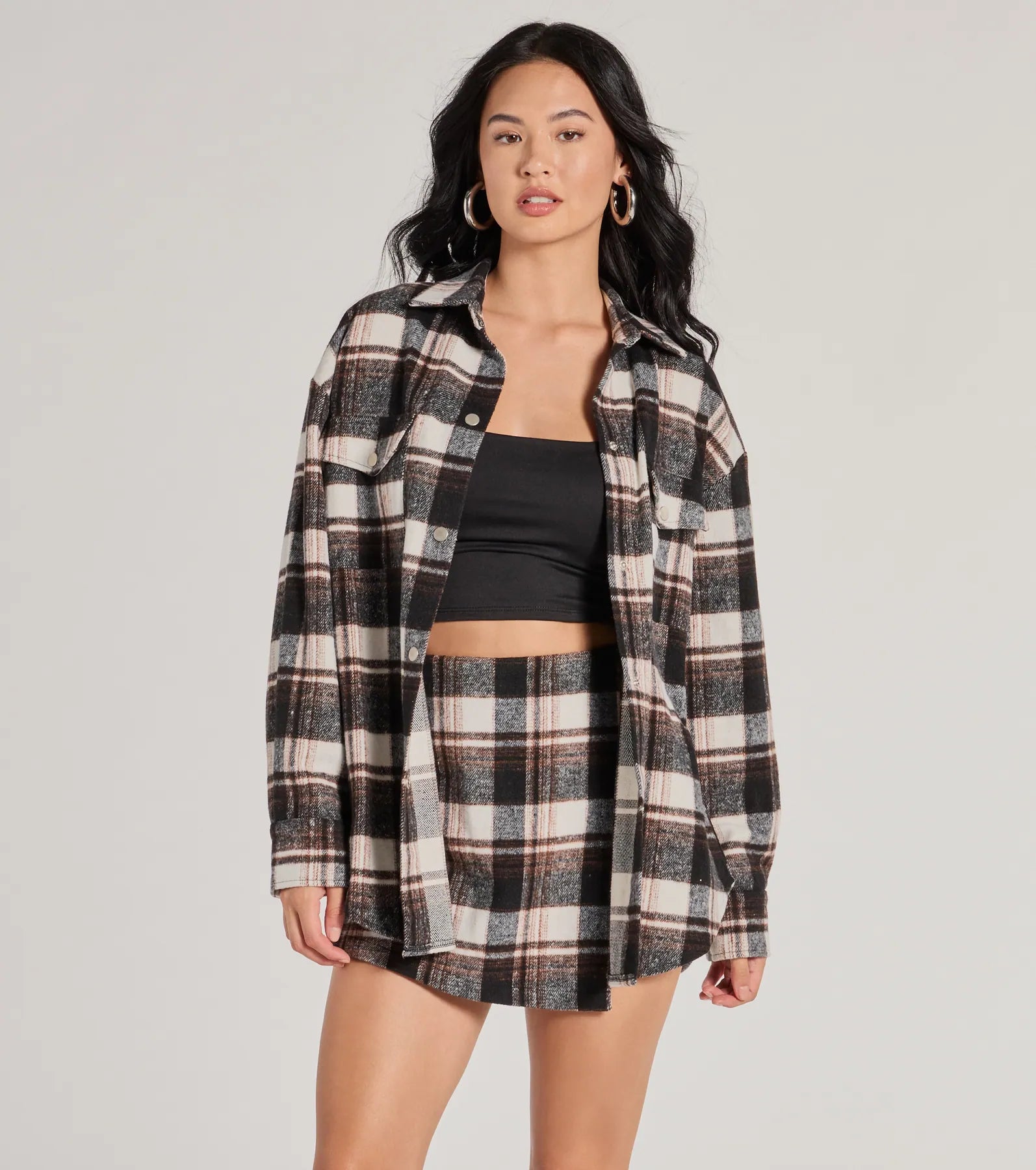 Classically Chic Plaid Long Sleeve Oversized Shacket - Image 2