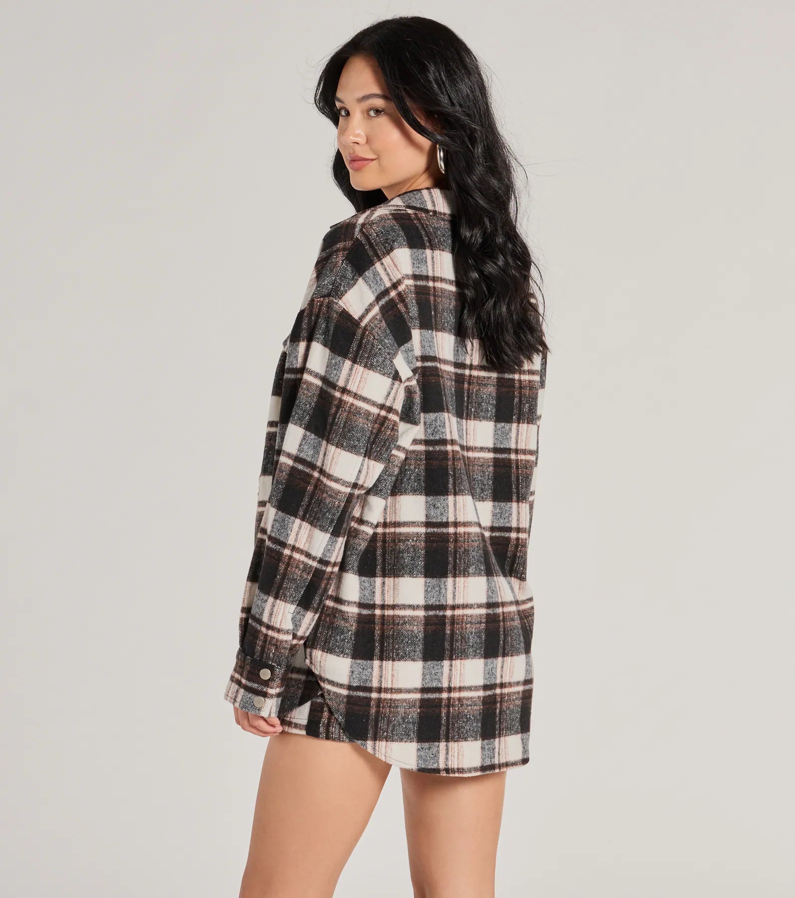 Classically Chic Plaid Long Sleeve Oversized Shacket - Image 3