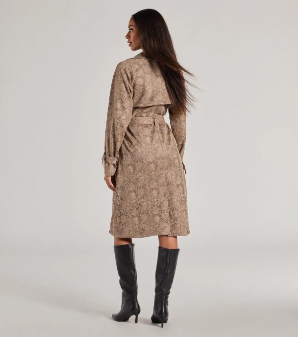 Chic Mood Snake Print Faux Suede Trench Coat - Image 2