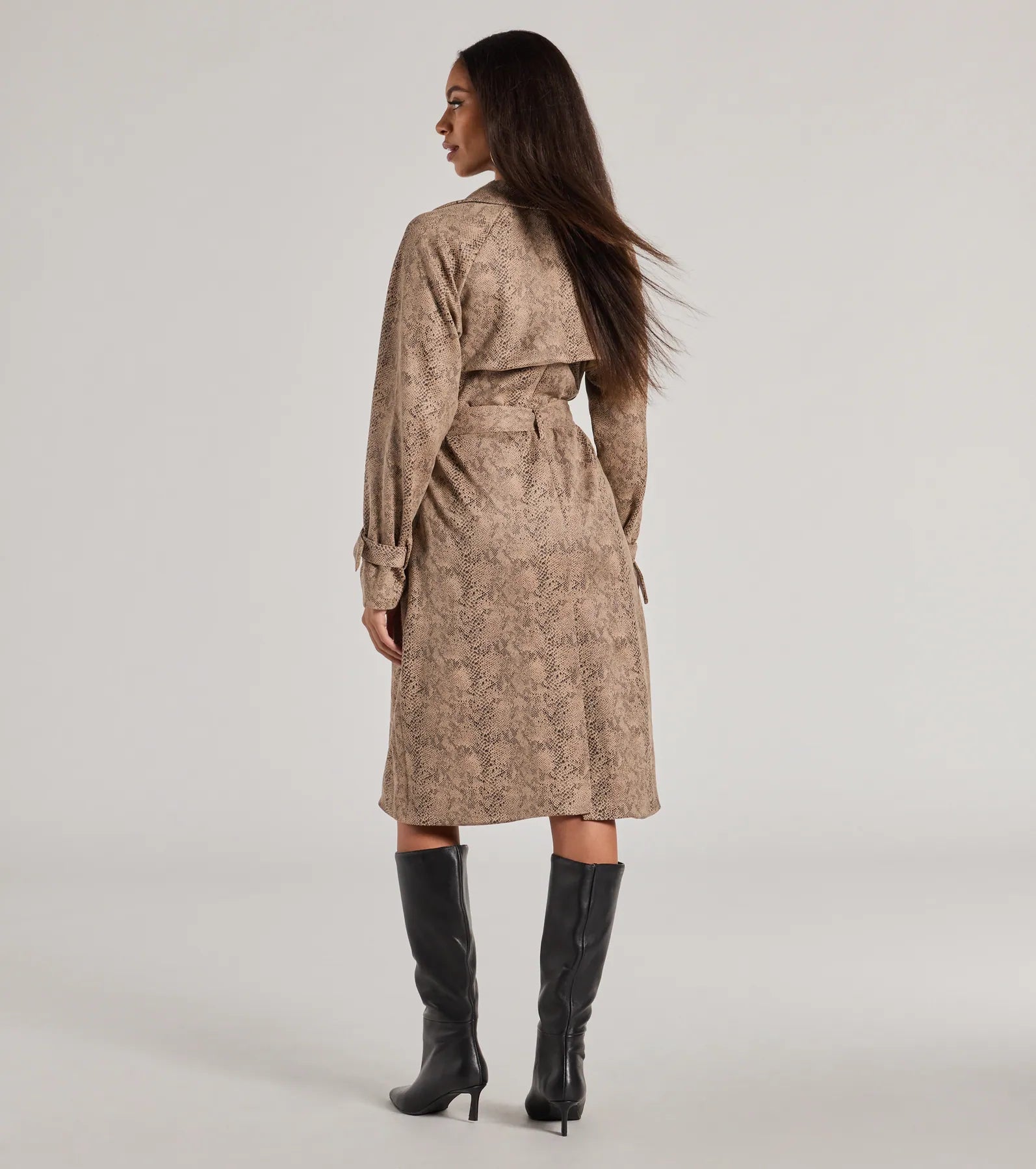 Chic Mood Snake Print Faux Suede Trench Coat - Image 2