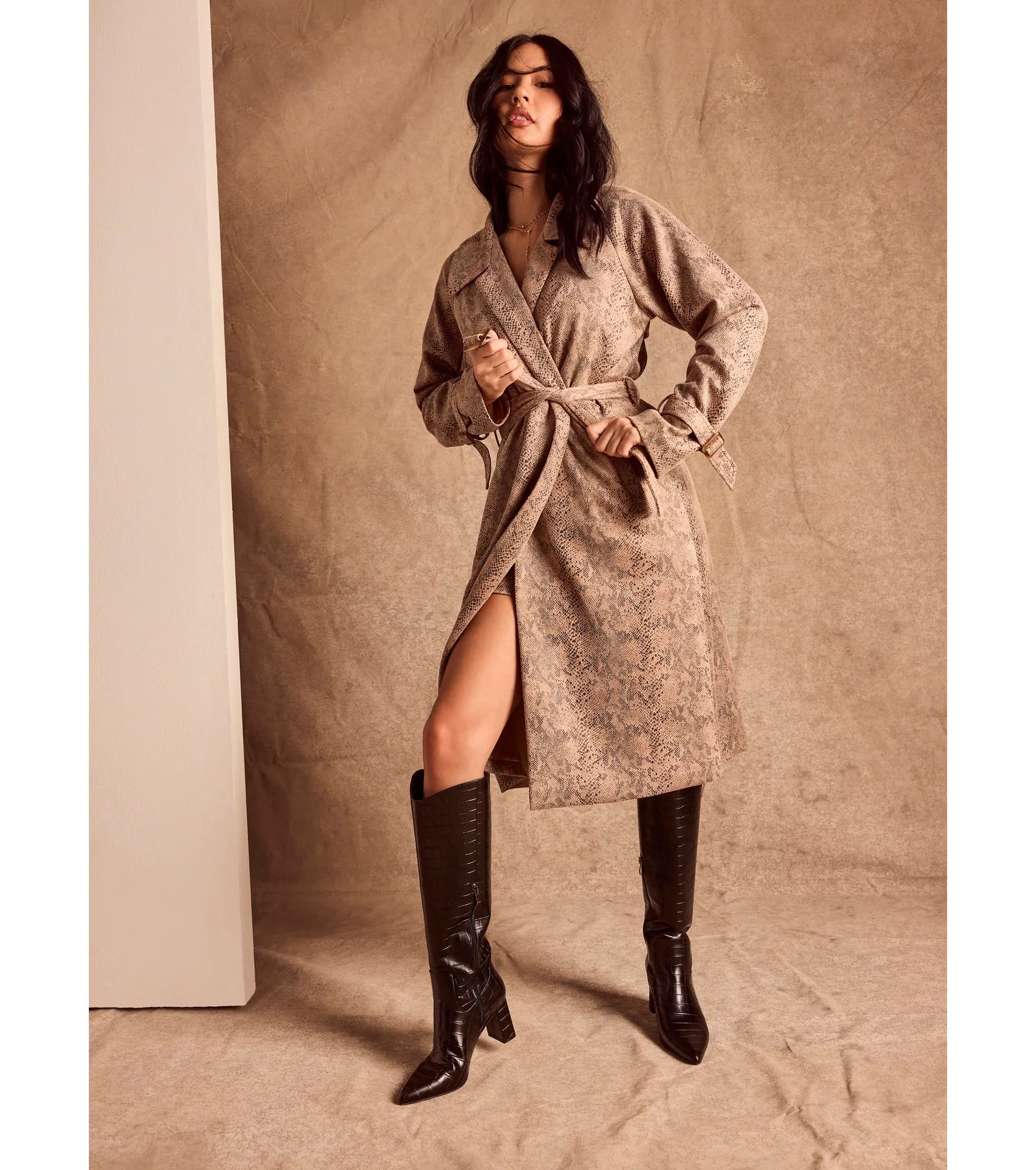 Chic Mood Snake Print Faux Suede Trench Coat - Image 6