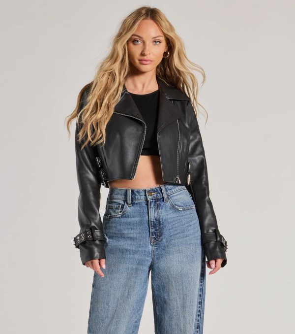Untamed Chic Faux Leather Cropped Moto Jacket - Image 2