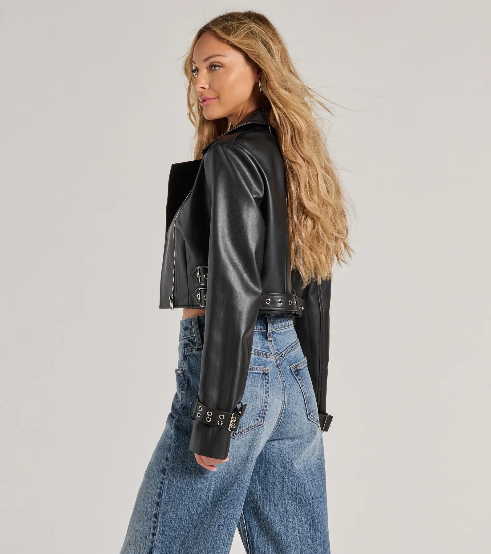 Untamed Chic Faux Leather Cropped Moto Jacket - Image 3