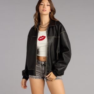 Vintage Chic Faux Leather Oversized Bomber Jacket