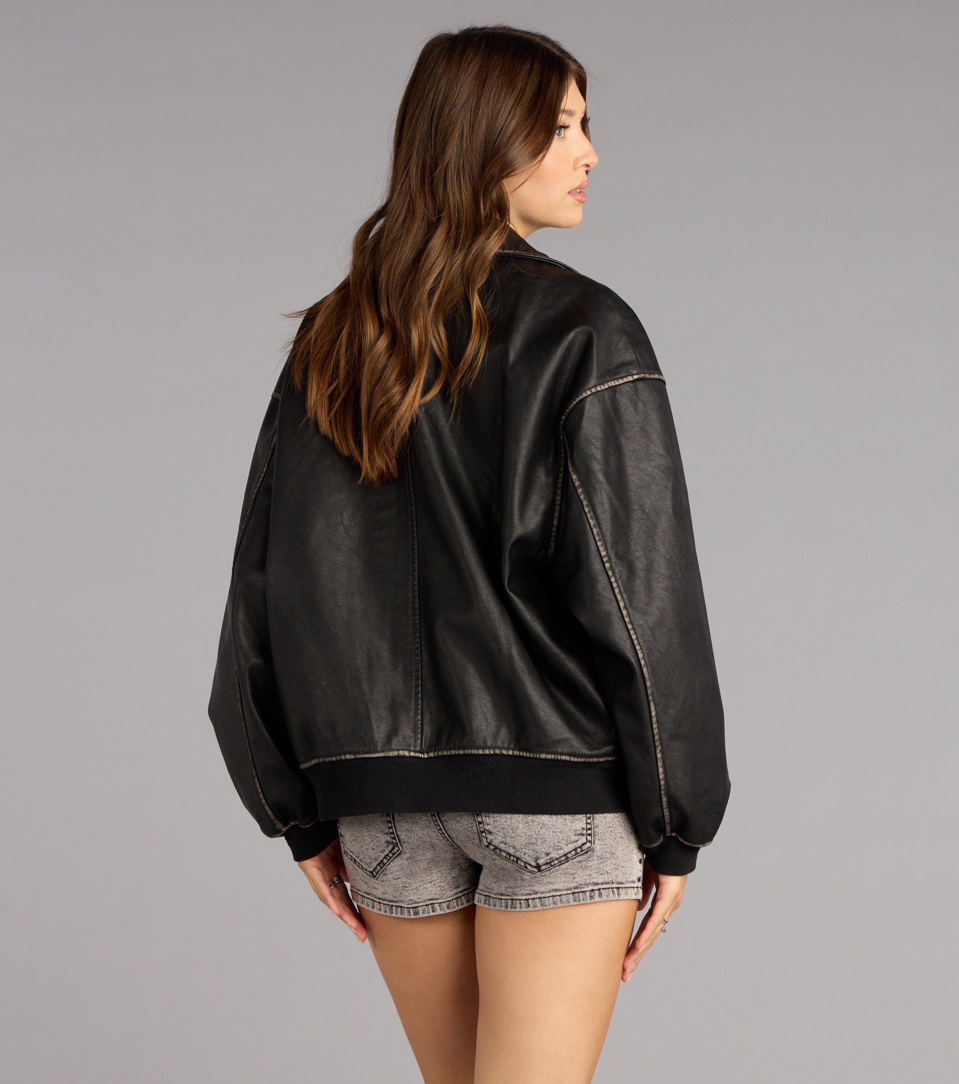 Vintage Chic Faux Leather Oversized Bomber Jacket - Image 2