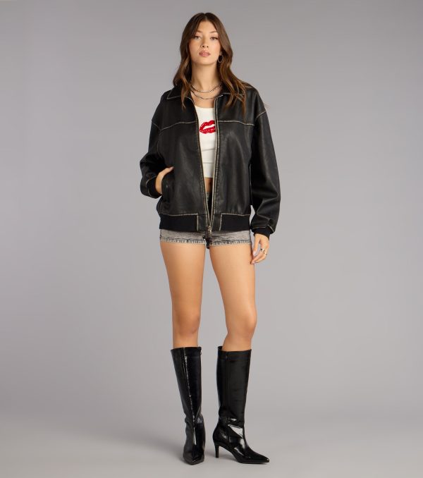 Vintage Chic Faux Leather Oversized Bomber Jacket - Image 3