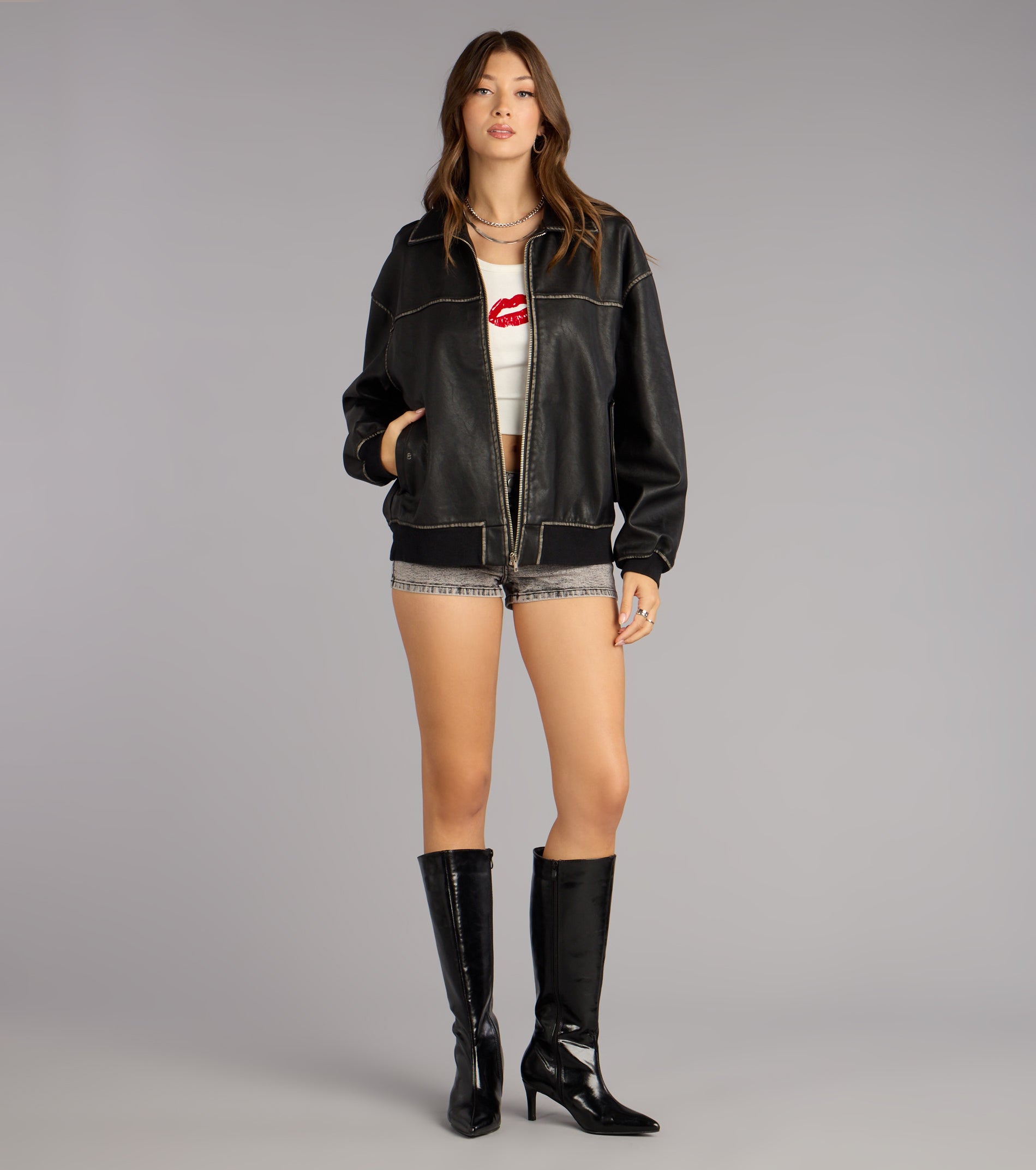 Vintage Chic Faux Leather Oversized Bomber Jacket - Image 3