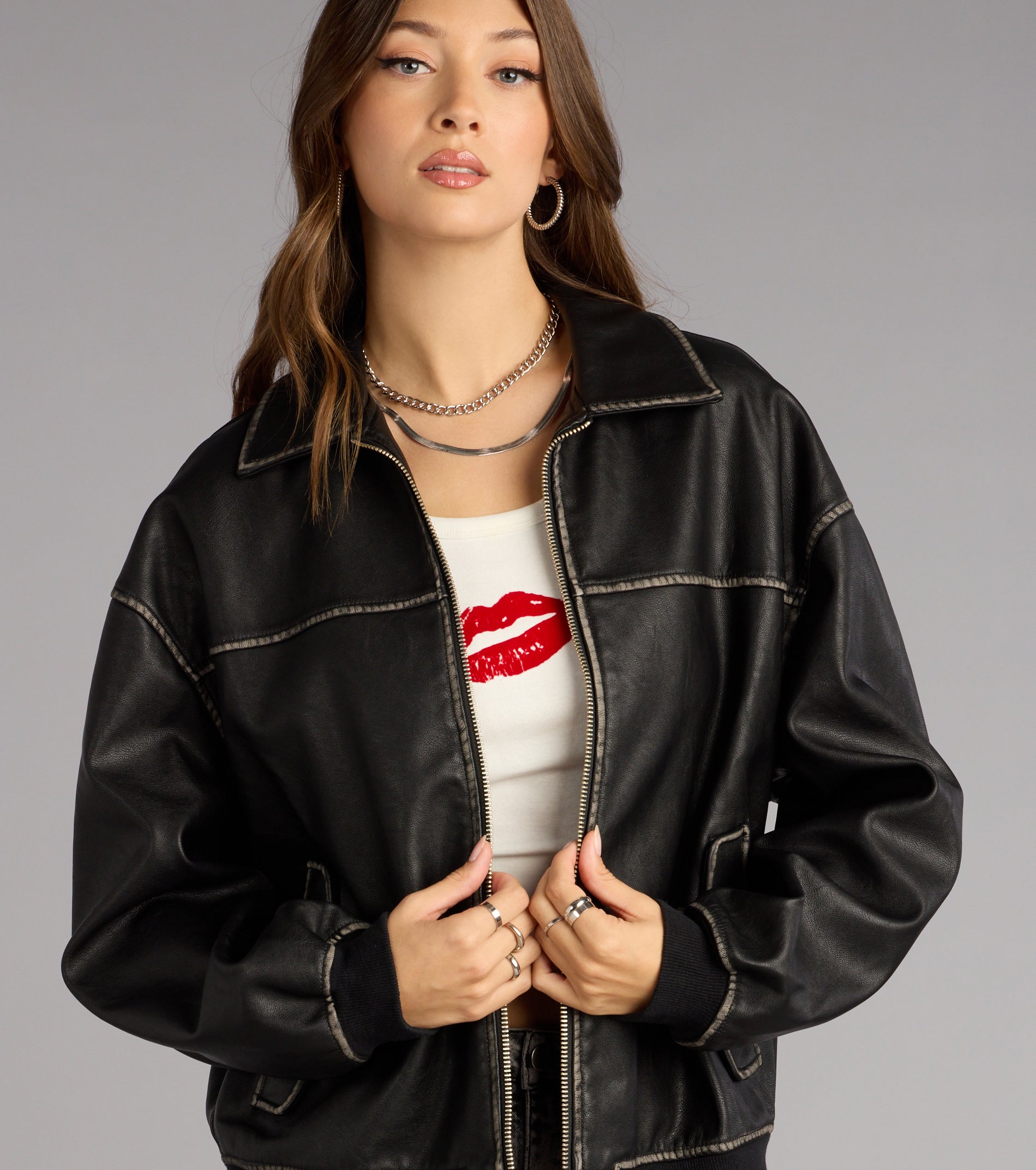 Vintage Chic Faux Leather Oversized Bomber Jacket - Image 4