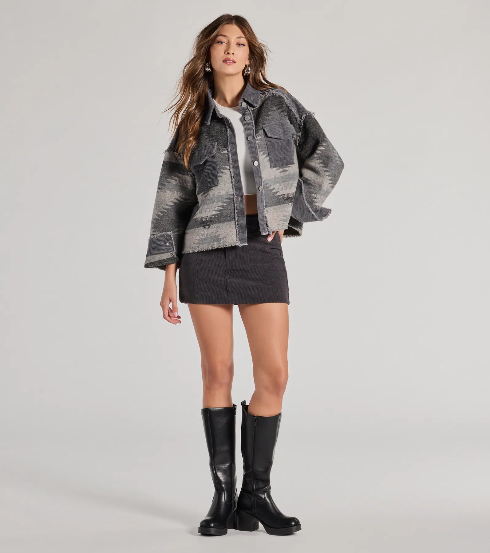 Western Trend Corduroy Trim Woven Shacket - Image 7