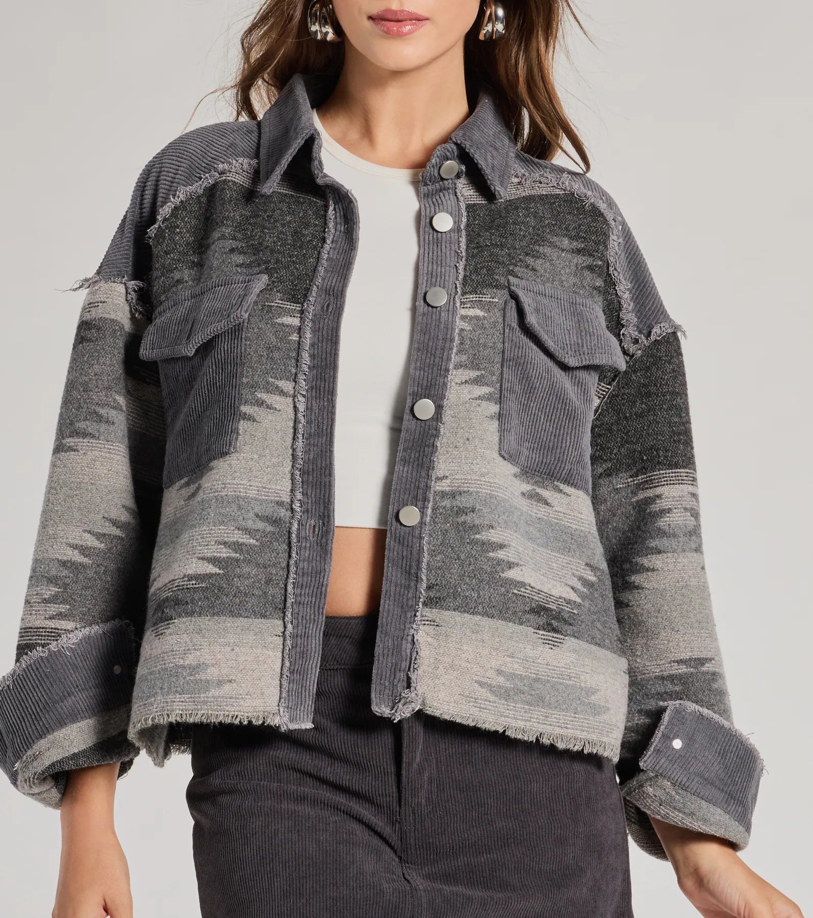 Western Trend Corduroy Trim Woven Shacket - Image 8