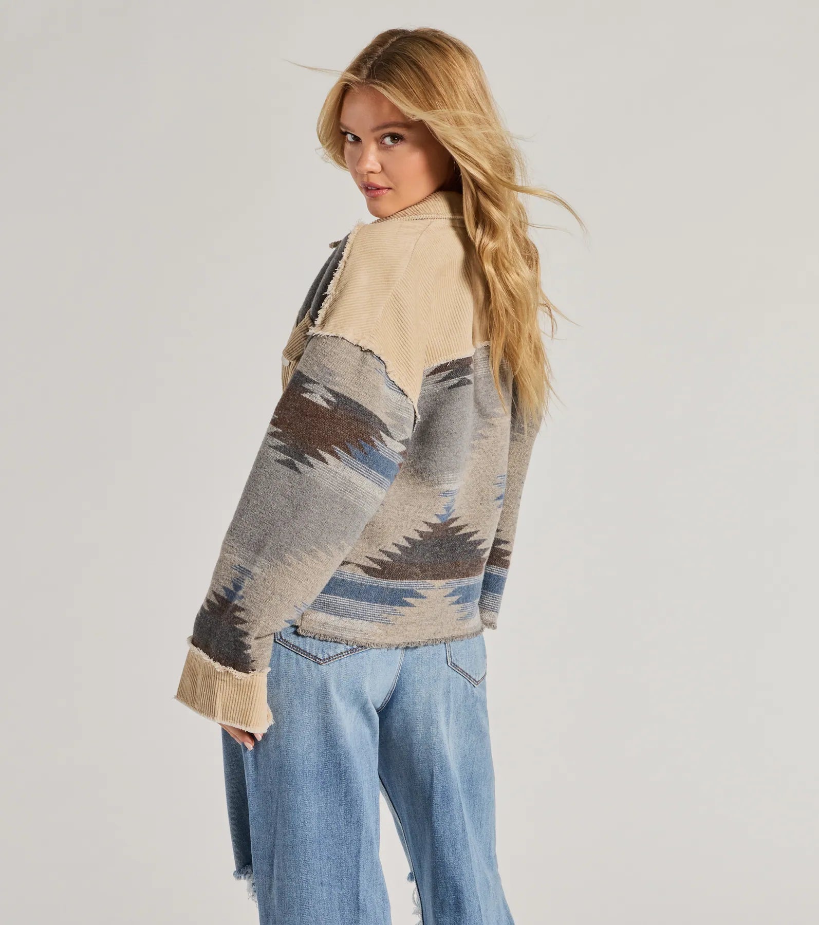 Western Trend Corduroy Trim Woven Shacket - Image 2