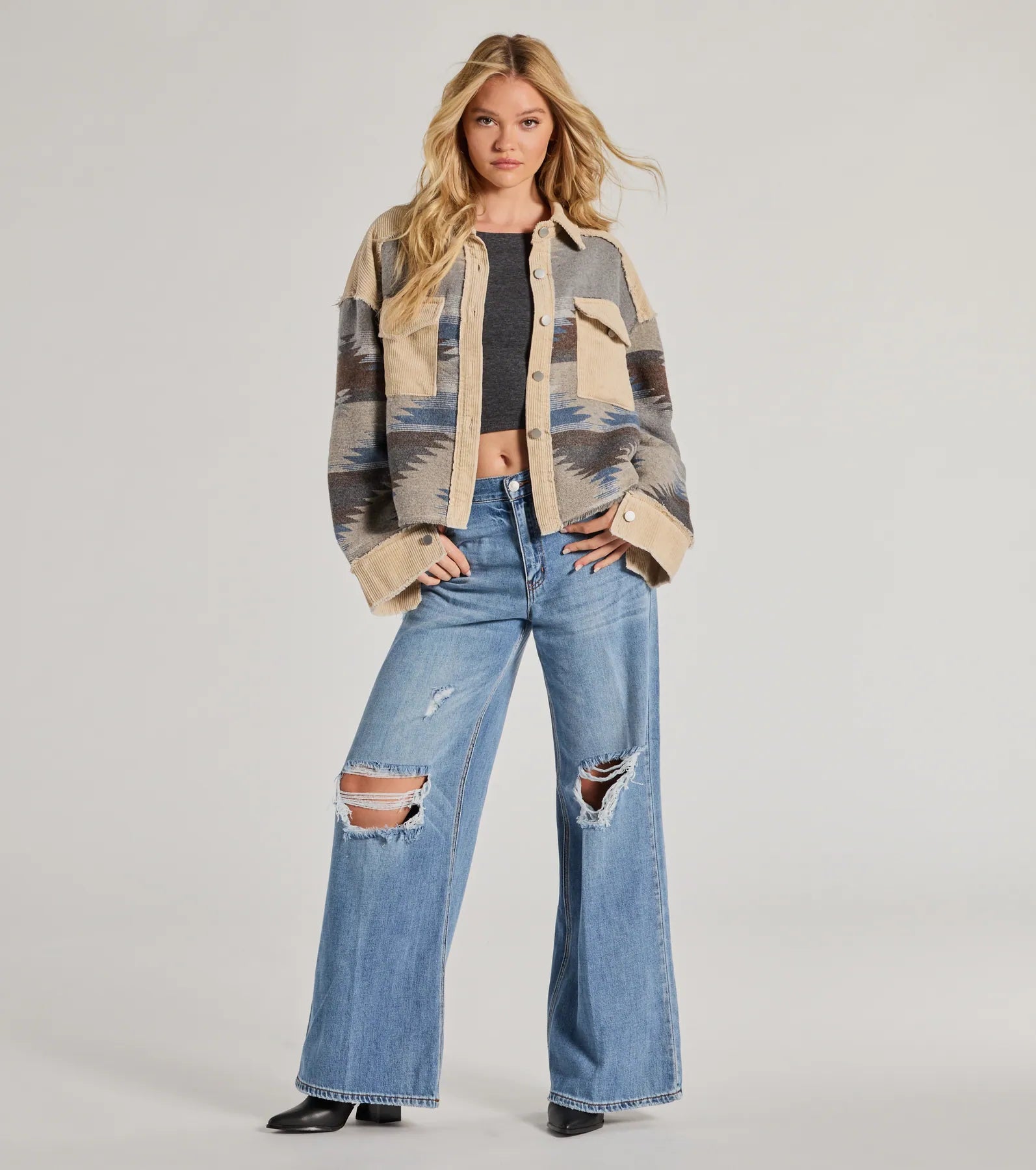 Western Trend Corduroy Trim Woven Shacket - Image 3