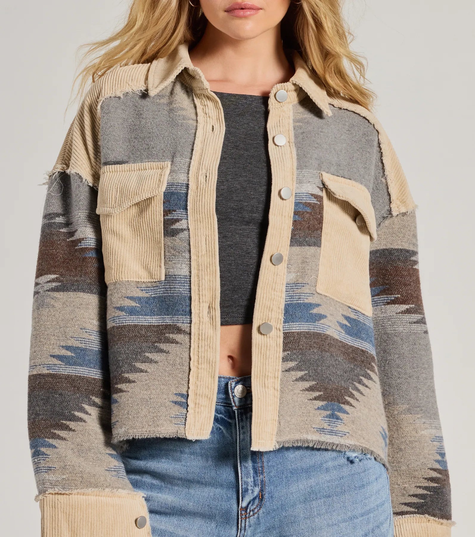 Western Trend Corduroy Trim Woven Shacket - Image 4