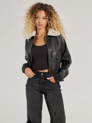 Edgy Chic Flair Faux Leather And Sherpa Bomber Jacket