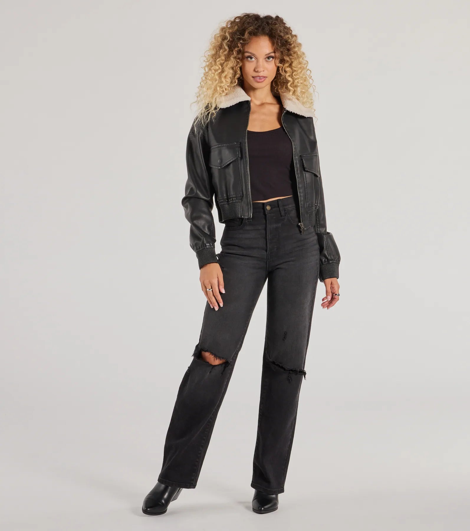 Edgy Chic Flair Faux Leather And Sherpa Bomber Jacket - Image 4
