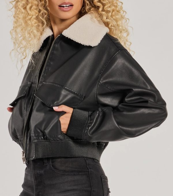 Edgy Chic Flair Faux Leather And Sherpa Bomber Jacket - Image 5