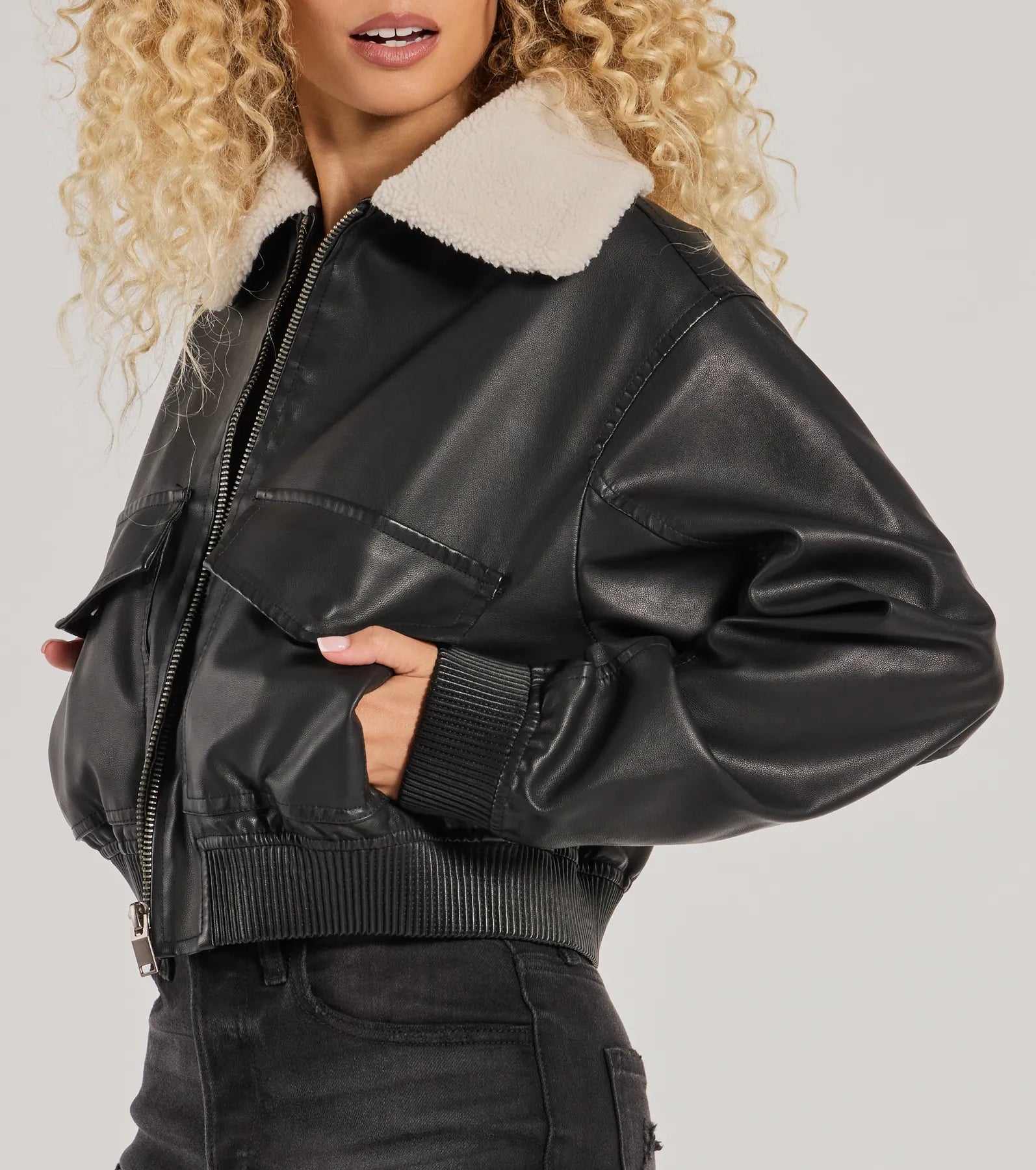 Edgy Chic Flair Faux Leather And Sherpa Bomber Jacket - Image 5