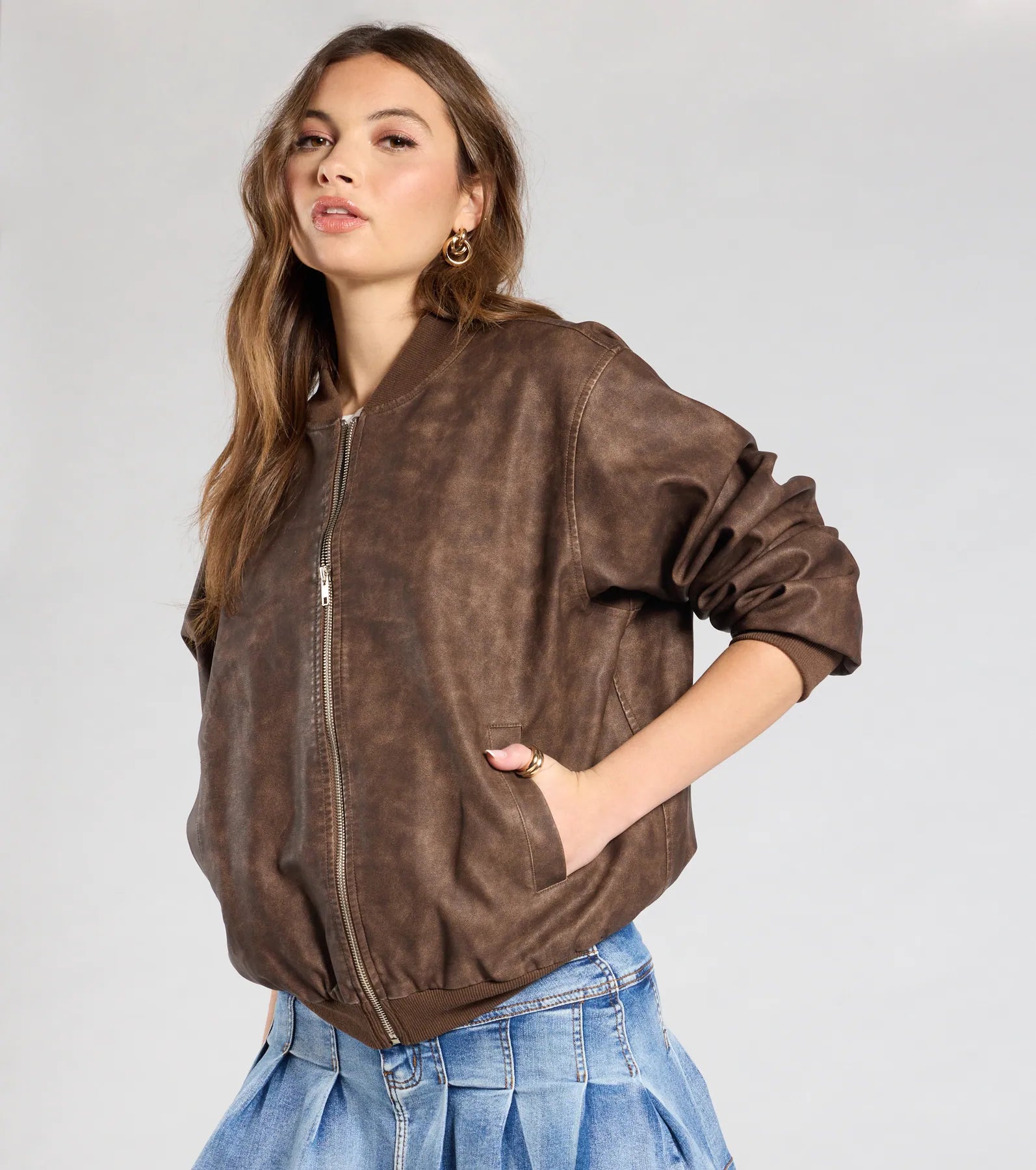 Edgy Cutie Distressed Faux Leather Bomber Jacket - Image 2