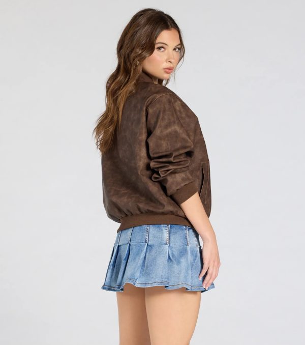 Edgy Cutie Distressed Faux Leather Bomber Jacket - Image 3