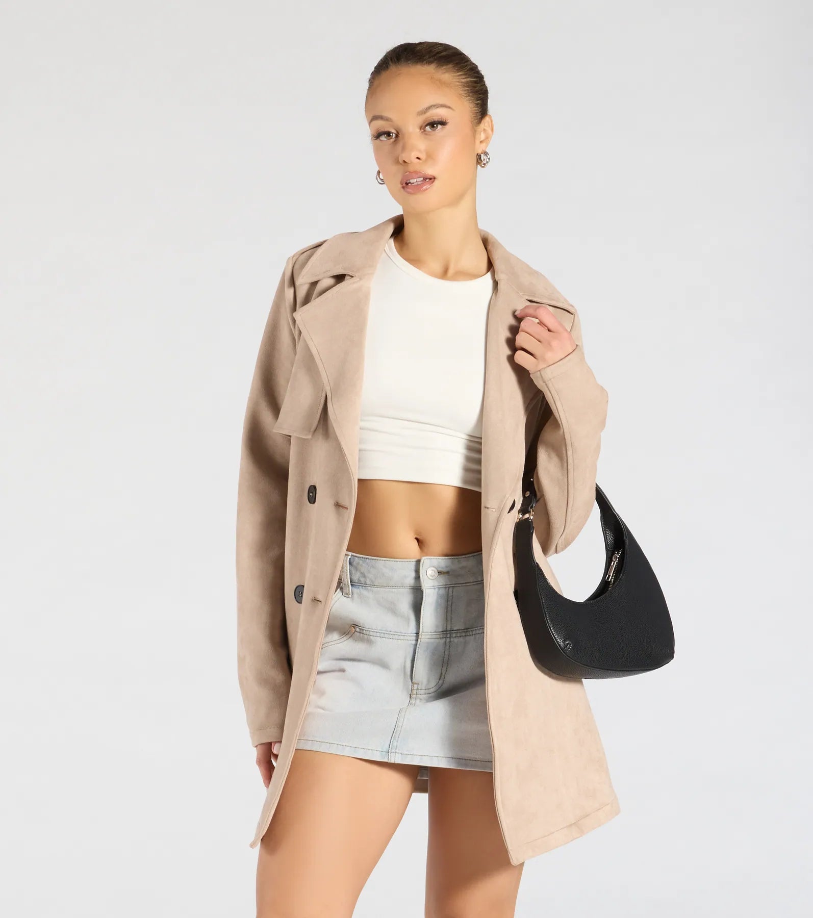 Eye For Style Belted Faux Suede Trench Coat - Image 4