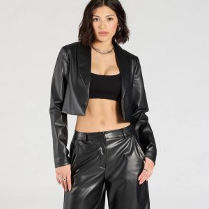 Chic Layer Faux Leather Cropped Blazer