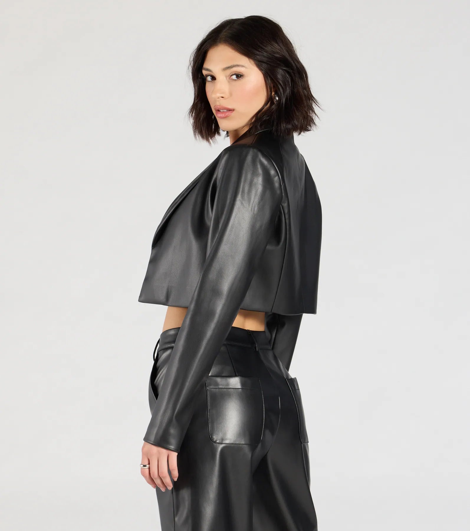 Chic Layer Faux Leather Cropped Blazer - Image 2