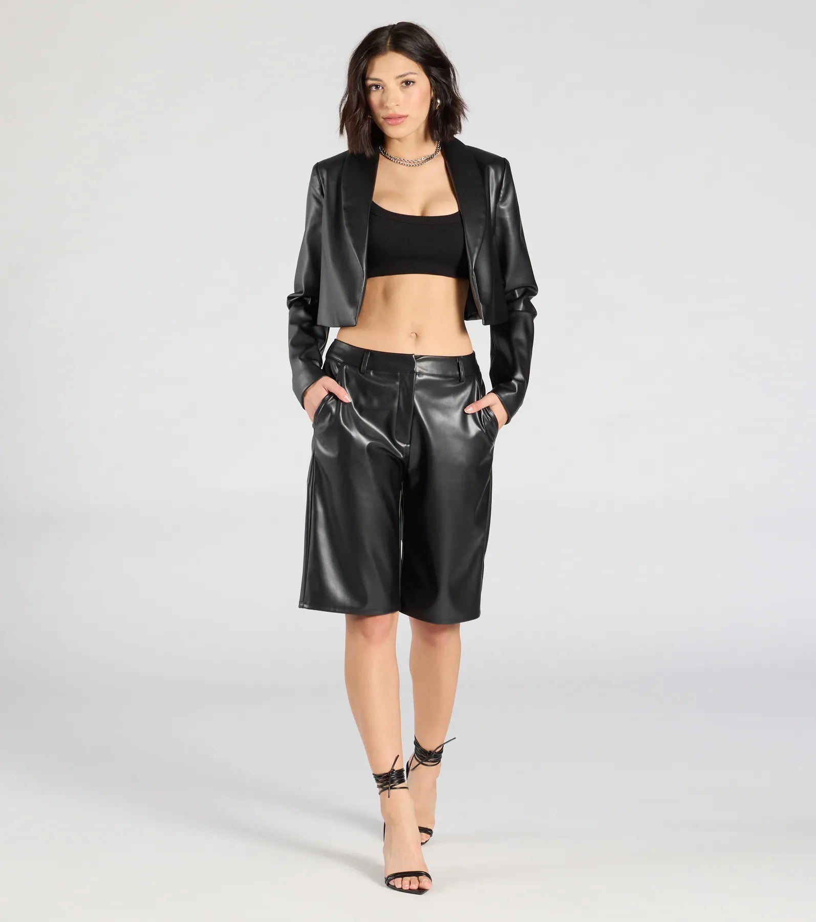Chic Layer Faux Leather Cropped Blazer - Image 3