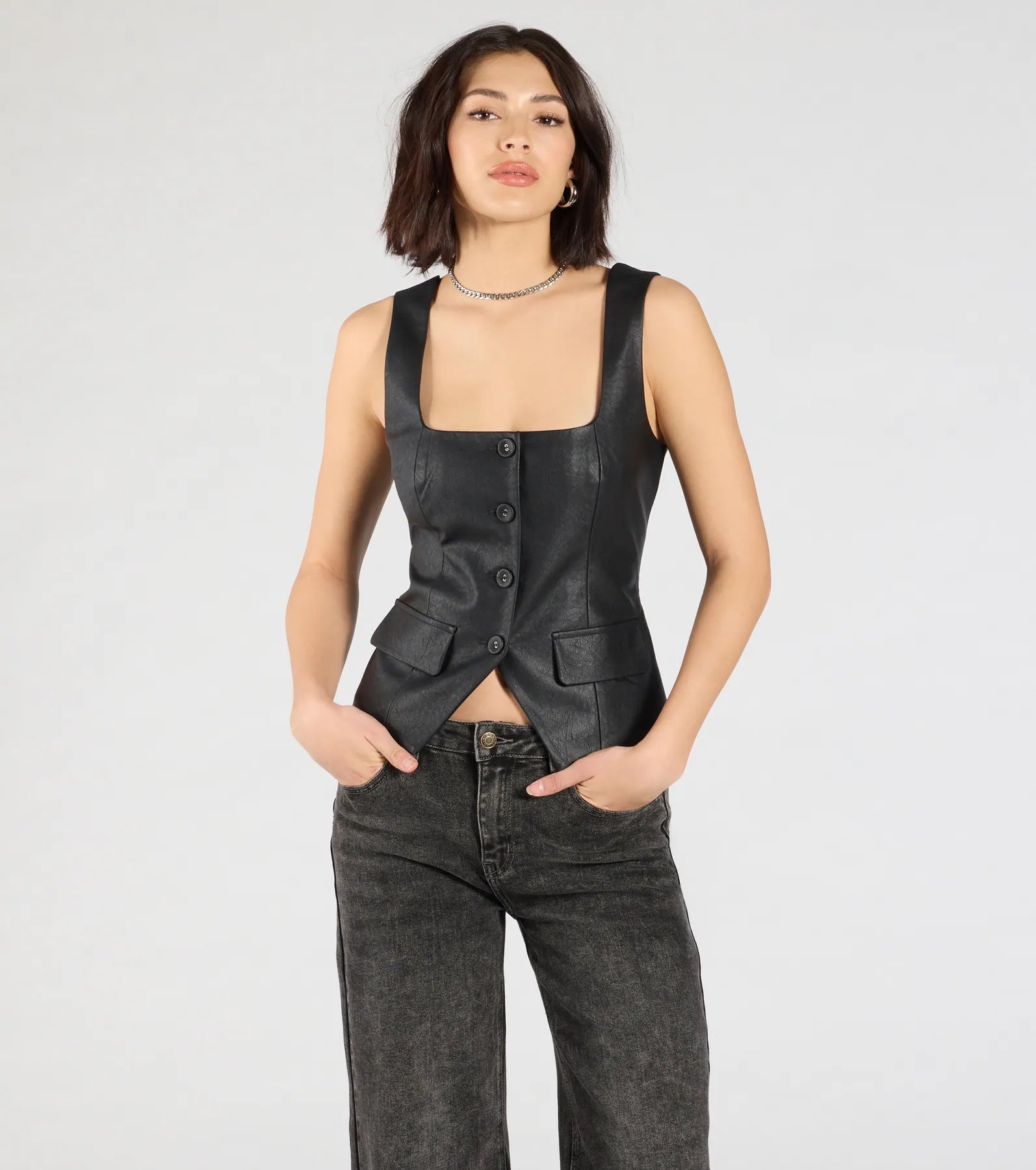 Fashionable Edge Button Down Faux Leather Vest - Image 2