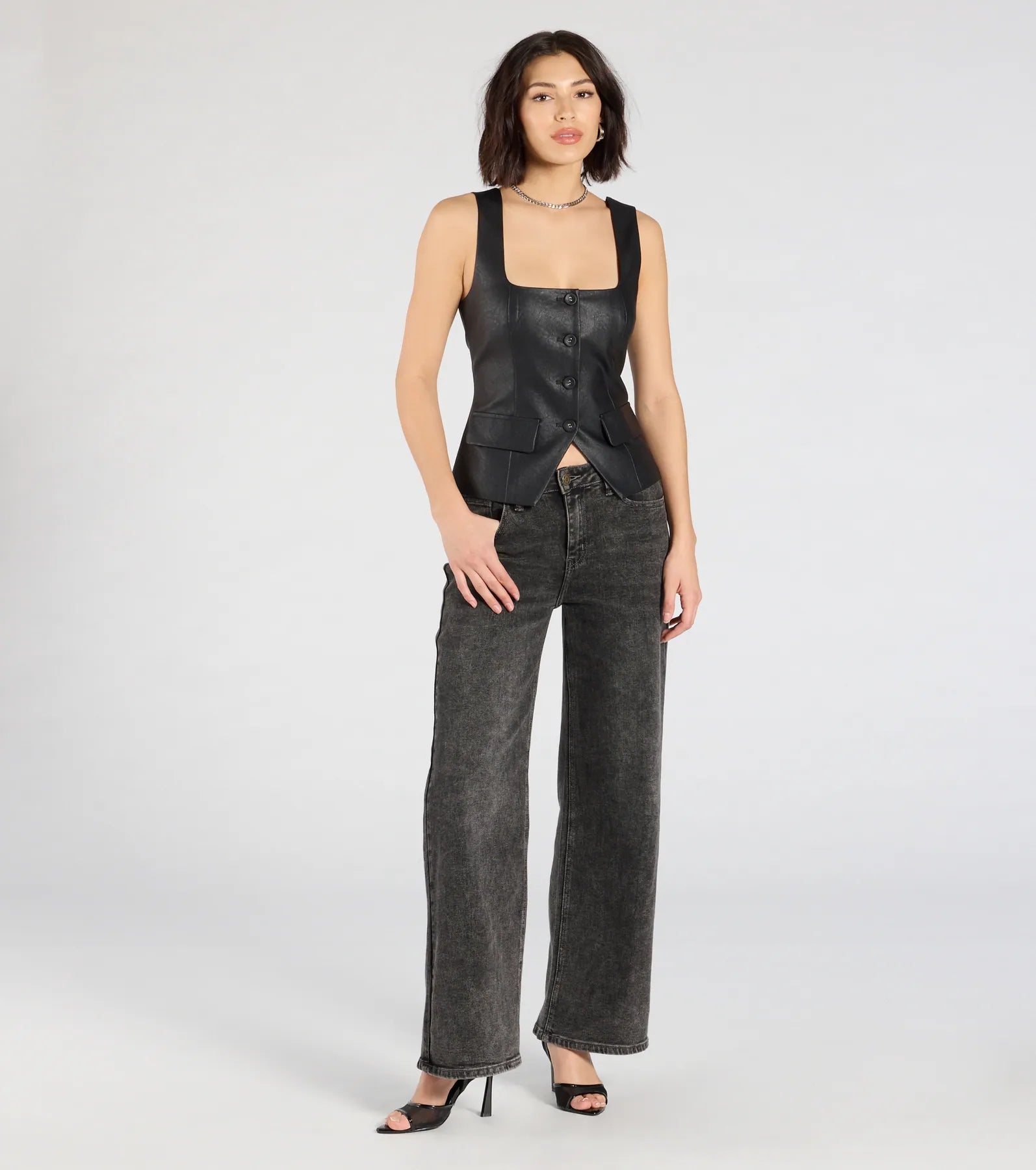 Fashionable Edge Button Down Faux Leather Vest - Image 4