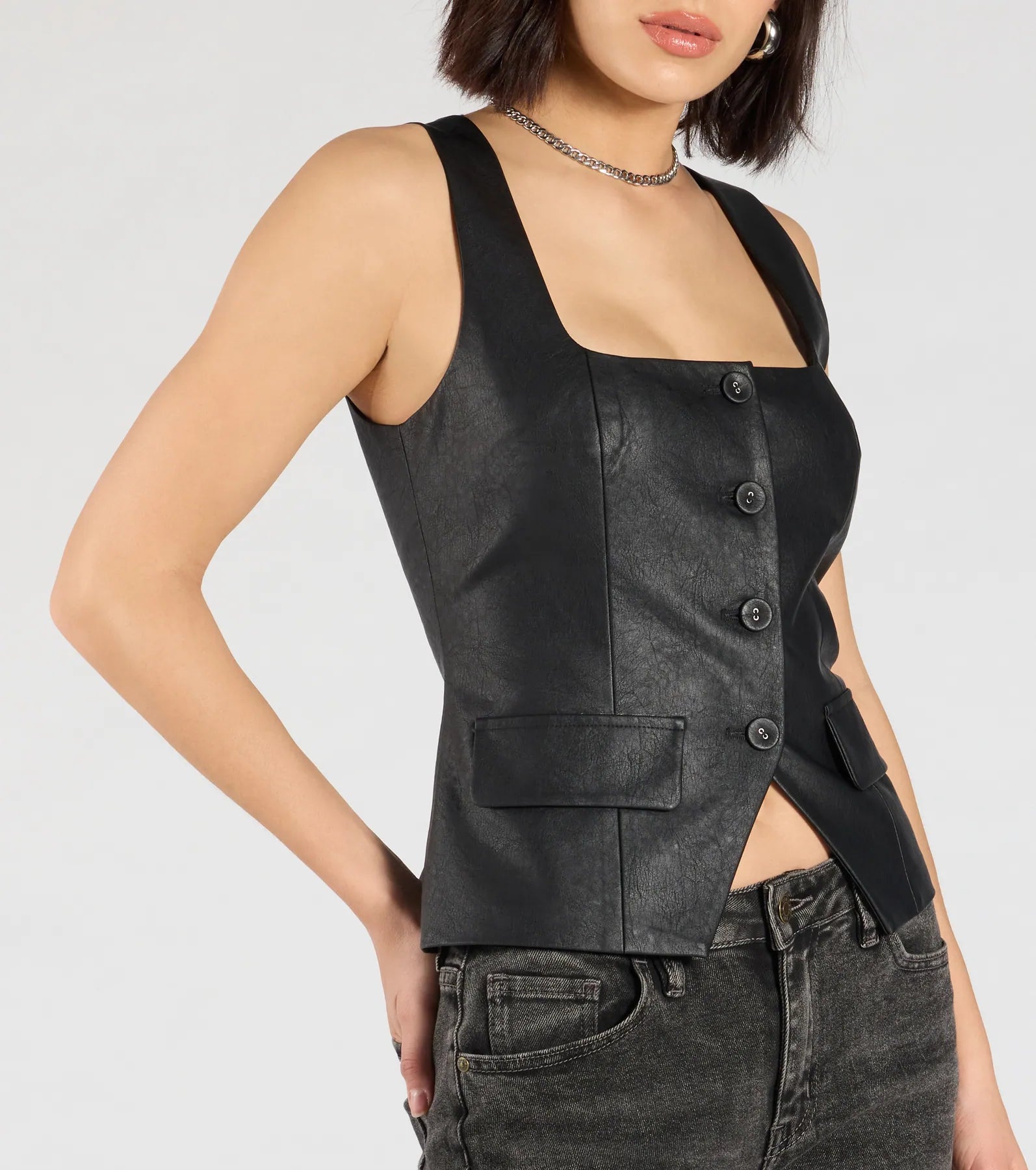 Fashionable Edge Button Down Faux Leather Vest - Image 5
