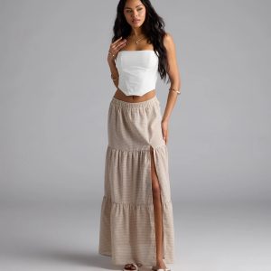 Vintage Charm Gingham Slit Peasant Maxi Skirt