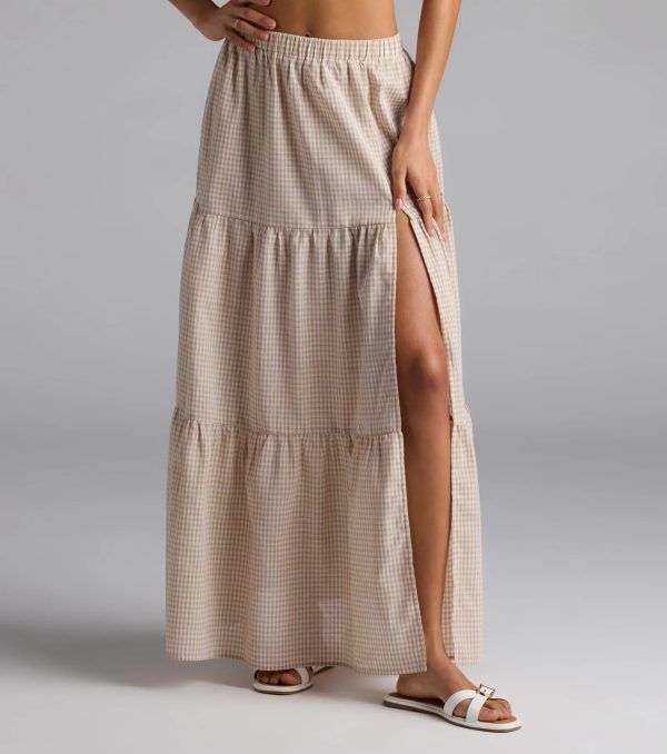 Vintage Charm Gingham Slit Peasant Maxi Skirt - Image 4
