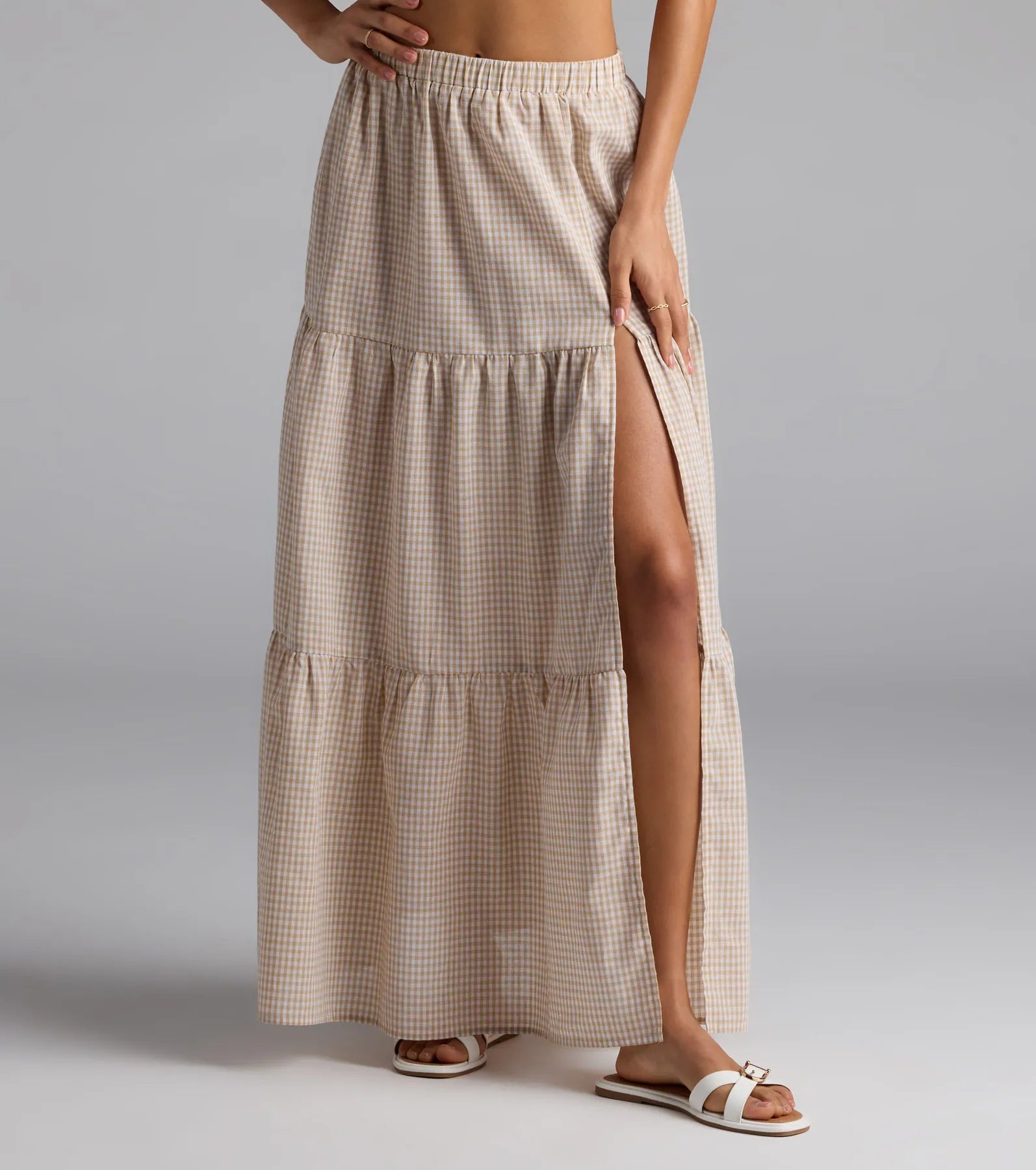Vintage Charm Gingham Slit Peasant Maxi Skirt - Image 4